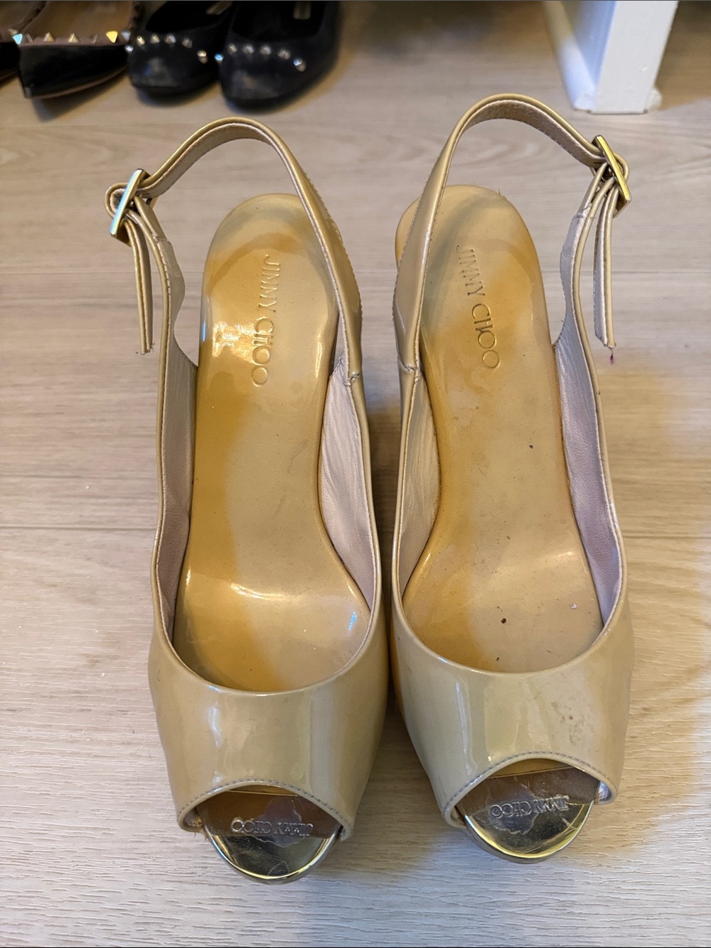 Jimmy Choo Beige Patent Leather Peep-Toe Slingback Heels